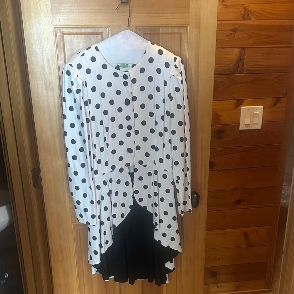 Polka Dot Asymmetric Pea Coat - with Peplum White with Black Dots